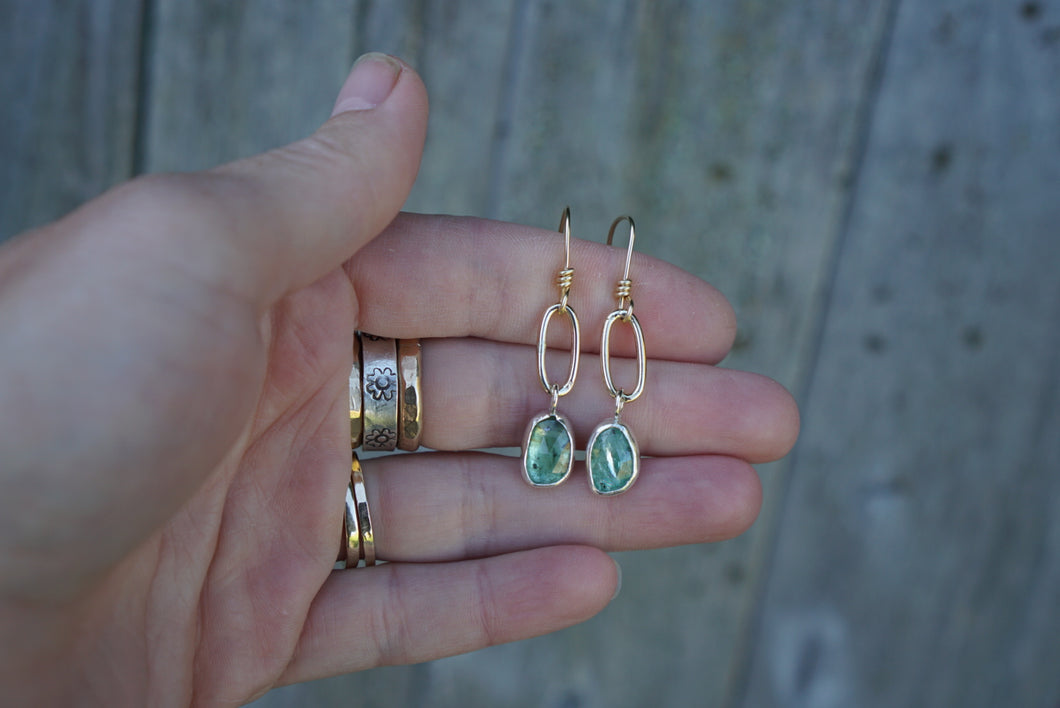 Mini Gold Paperclip Earrings- Green Kyanite
