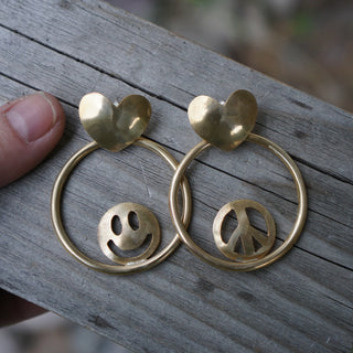 Peace, Love & Happiness Post Earrings- Brass
