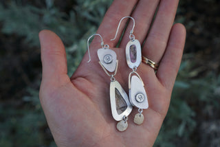 Yin Yang Earrings- Boulder Opal, Montana Rhodochrosite, 10k Gold, Silver