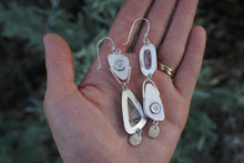 Load image into Gallery viewer, Yin Yang Earrings- Boulder Opal, Montana Rhodochrosite, 10k Gold, Silver
