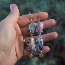 Load image into Gallery viewer, Yin Yang Earrings- Boulder Opal, Montana Rhodochrosite, 10k Gold, Silver
