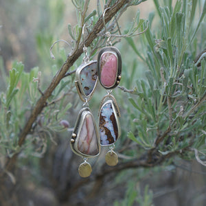 Yin Yang Earrings- Boulder Opal, Montana Rhodochrosite, 10k Gold, Silver