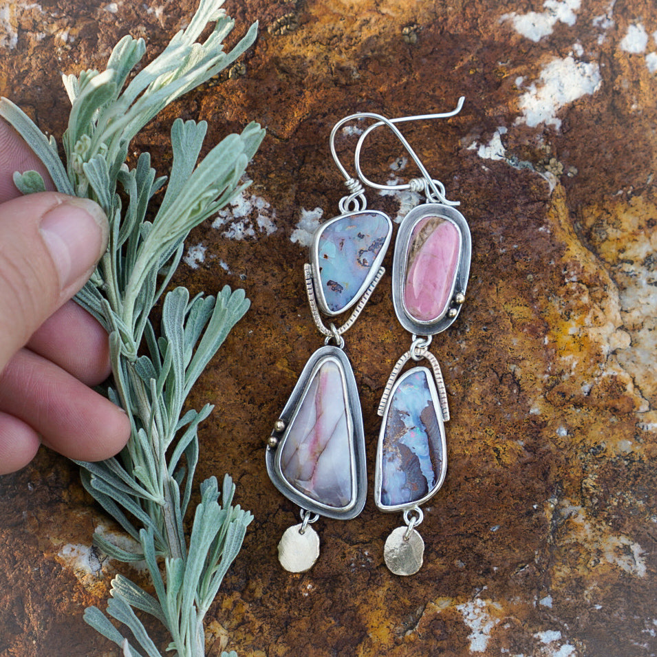 Yin Yang Earrings- Boulder Opal, Montana Rhodochrosite, 10k Gold, Silver