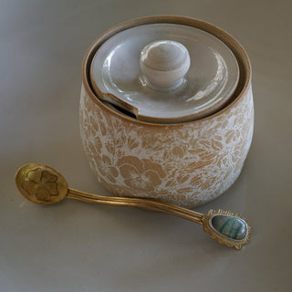 Sugar Jar + Spoon- White & Ribbon Chrysocolla