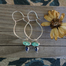 Load image into Gallery viewer, Rhode Hook Hoops- Turquoise &amp; Lapis + Stamped Silver
