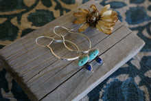 Load image into Gallery viewer, Rhode Hook Hoops- Turquoise &amp; Lapis + Stamped Silver
