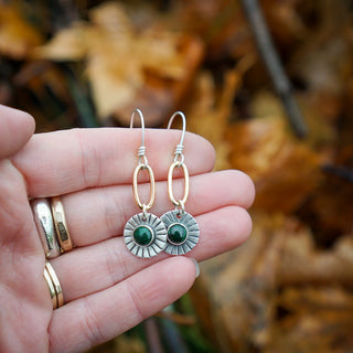 Mini Gold Paperclip Earrings- Malachite