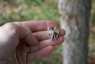 Sagebrush Post Earrings- MT Sapphire, Dendritic Agate + 10k Gold