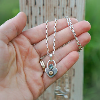 Locked Heart Necklace- Baby Blue Montana Sapphire + Silver & 1OK Gold