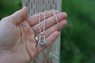 Locked Heart Necklace- Baby Blue Montana Sapphire + Silver & 1OK Gold