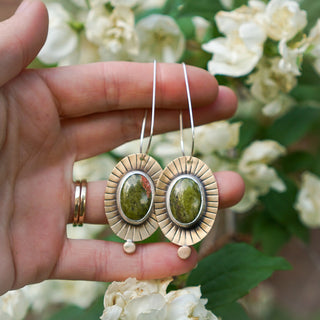 Sunburst Brass Dangle Earrings- Unakite