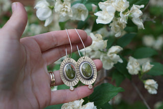 Sunburst Brass Dangle Earrings- Unakite
