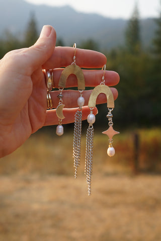 Cascade Arch Earrings- Freshwater Pearl + Charm