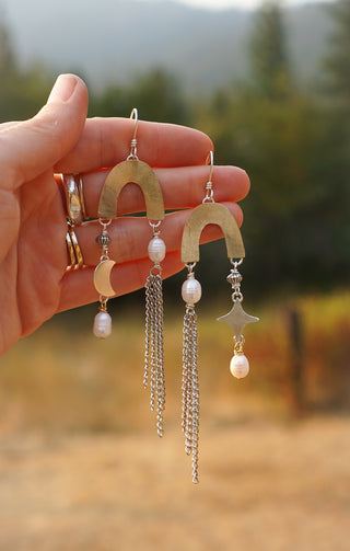 Cascade Arch Earrings- Freshwater Pearl + Charm
