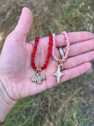 Solana Beaded Charm Necklace- Bird + Red