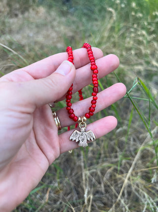 Solana Beaded Charm Necklace- Bird + Red