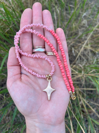 Solana Beaded Charm Necklace- Bronze Star + Pink