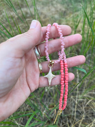 Solana Beaded Charm Necklace- Bronze Star + Pink
