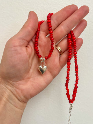 Solana Beaded Charm Necklace- Red + Silver Heart (18")