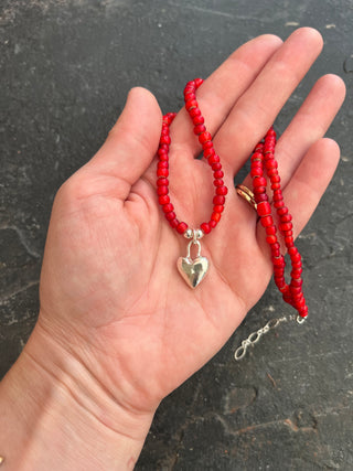 Solana Beaded Charm Necklace- Red + Silver Heart (18")