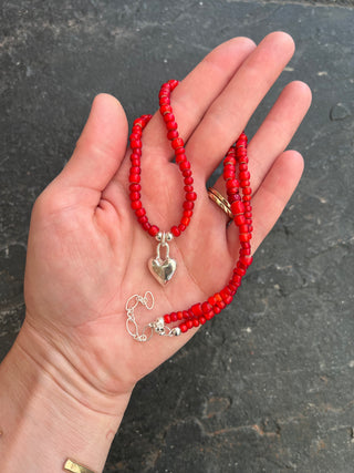 Solana Beaded Charm Necklace- Red + Silver Heart (18")