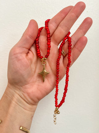 Solana Beaded Charm Necklace- Red + Bronze Star (18.5")