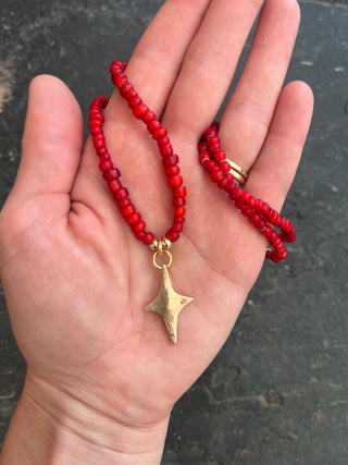 Solana Beaded Charm Necklace- Red + Bronze Star (18.5")