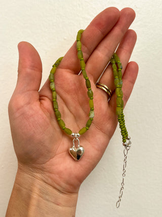 Solana Beaded Charm Necklace- Green + Silver Heart (17")