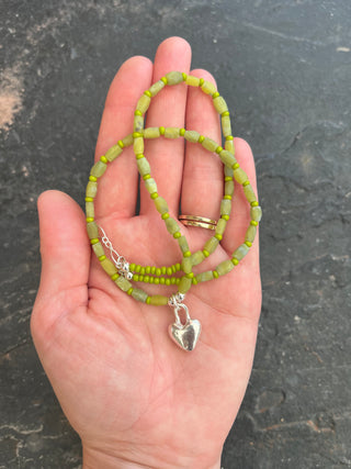 Solana Beaded Charm Necklace- Green + Silver Heart (17")