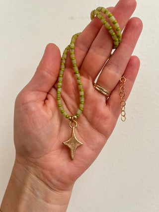 Solana Beaded Charm Necklace- Green + Bronze Star (18.5")