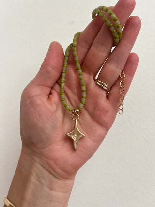 Solana Beaded Charm Necklace- Green + Bronze Star (18.5")