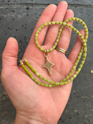 Solana Beaded Charm Necklace- Green + Bronze Star (18.5")