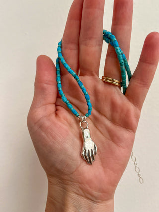Solana Beaded Charm Necklace- Turquoise + Silver Hand (17")