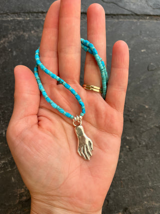 Solana Beaded Charm Necklace- Turquoise + Silver Hand (17")
