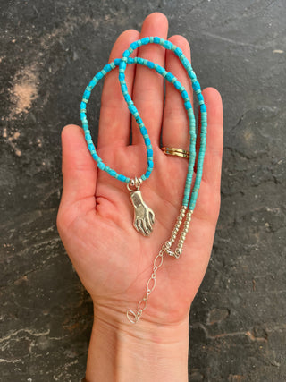Solana Beaded Charm Necklace- Turquoise + Silver Hand (17")