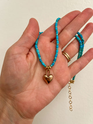 Solana Beaded Charm Necklace- Turquoise + Bronze Heart (16")