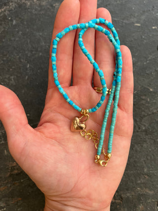 Solana Beaded Charm Necklace- Turquoise + Bronze Heart (16")