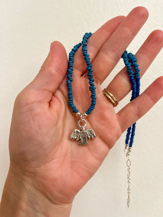 Solana Beaded Charm Necklace- Blue + Silver Bird (17.5")