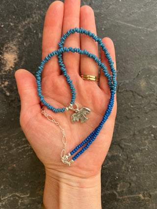 Solana Beaded Charm Necklace- Blue + Silver Bird (17.5")
