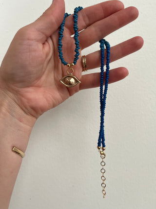 Solana Beaded Charm Necklace- Blue + Bronze Eye (19")