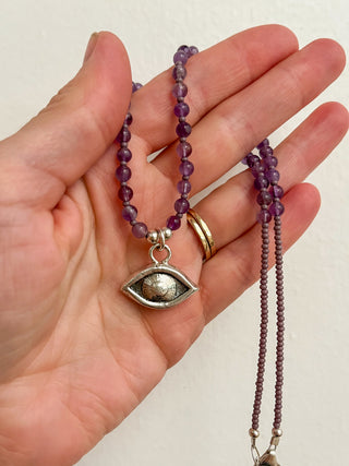 Solana Beaded Charm Necklace- Purple + Silver Eye (16")