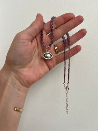 Solana Beaded Charm Necklace- Purple + Silver Eye (16")