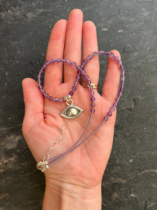 Solana Beaded Charm Necklace- Purple + Silver Eye (16")