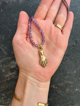Solana Beaded Charm Necklace- Purple + Bronze Hand (16")