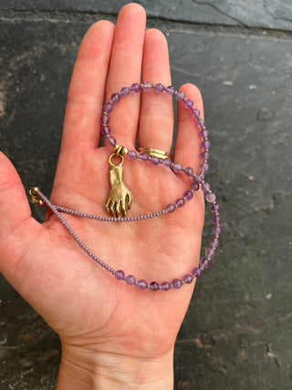 Solana Beaded Charm Necklace- Purple + Bronze Hand (16")
