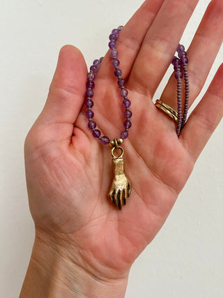 Solana Beaded Charm Necklace- Purple + Bronze Hand (16")