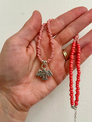 Solana Beaded Charm Necklace- Pink + Silver Bird (17")