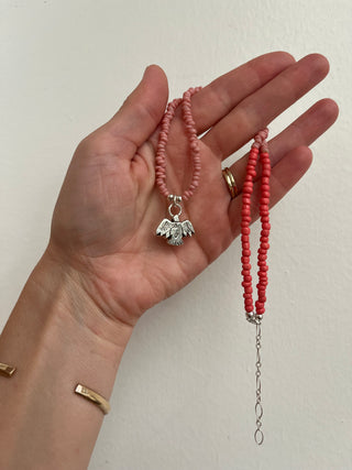 Solana Beaded Charm Necklace- Pink + Silver Bird (17")