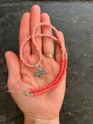 Solana Beaded Charm Necklace- Pink + Silver Bird (17")