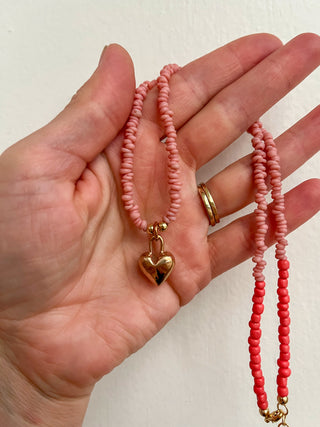 Solana Beaded Charm Necklace- Pink + Bronze Heart (18")